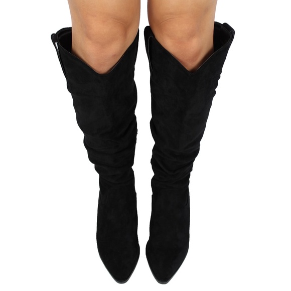 Black Faux Suede Slouchy Cowboy Pull On Knee High - Picture 6 of 6